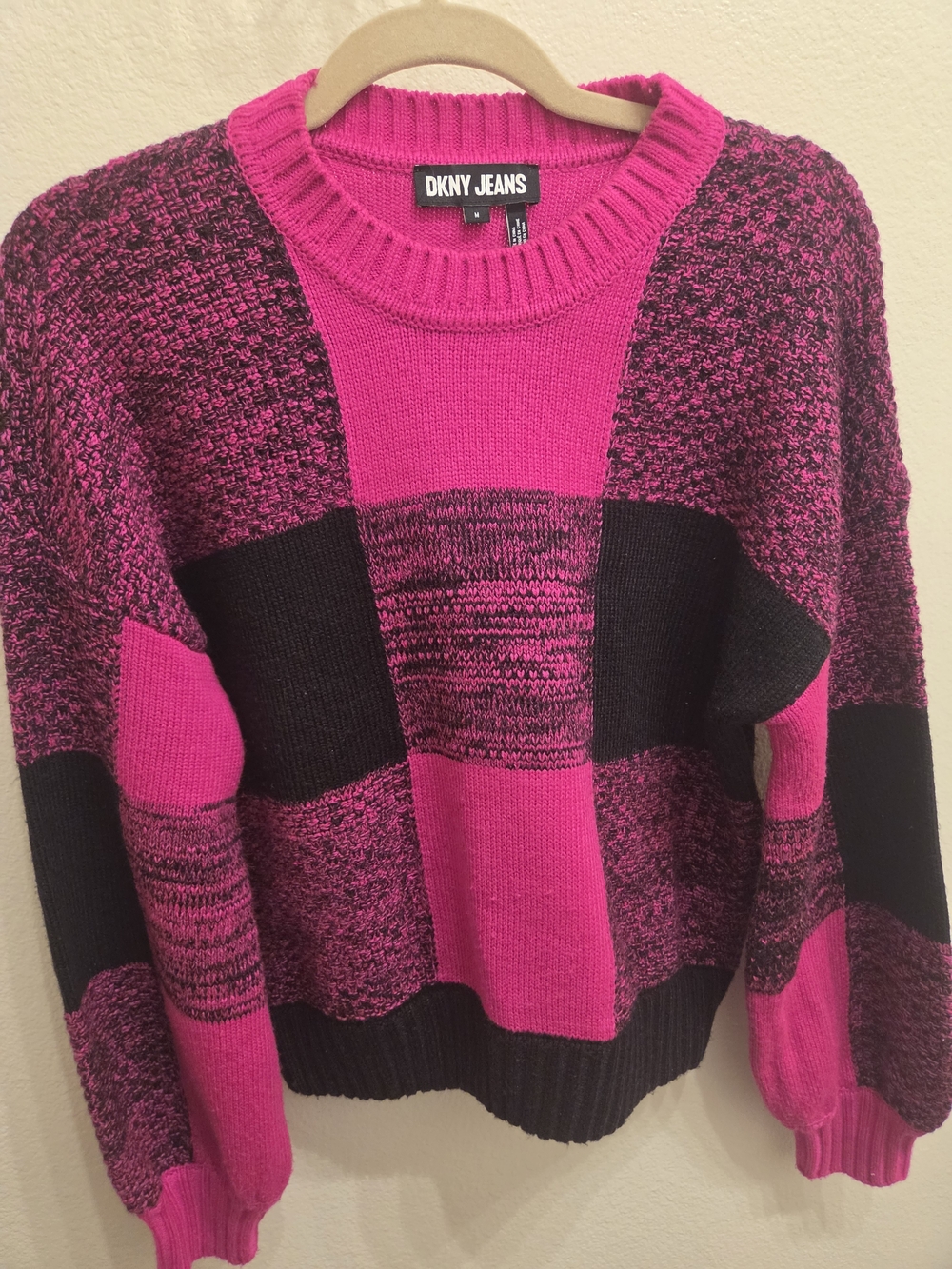DKNY Colorblock Crewneck Sweater in Hot Pink and Black